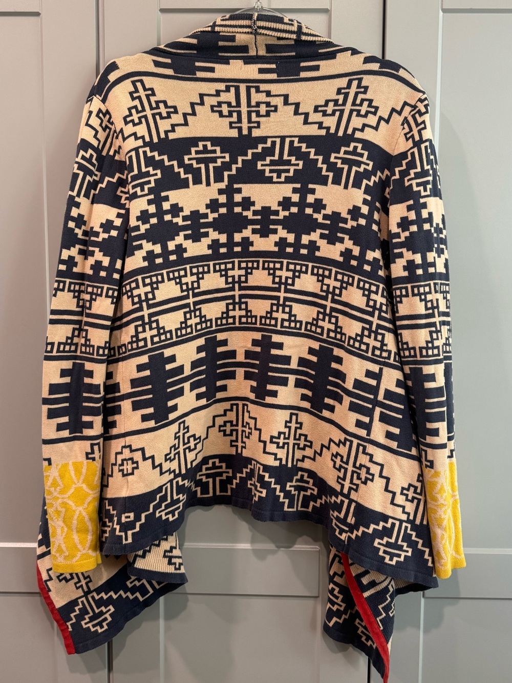 THML Geometric Open-Front Cardigan — Navy, Cream, Red & Yellow - Picture 4 of 4